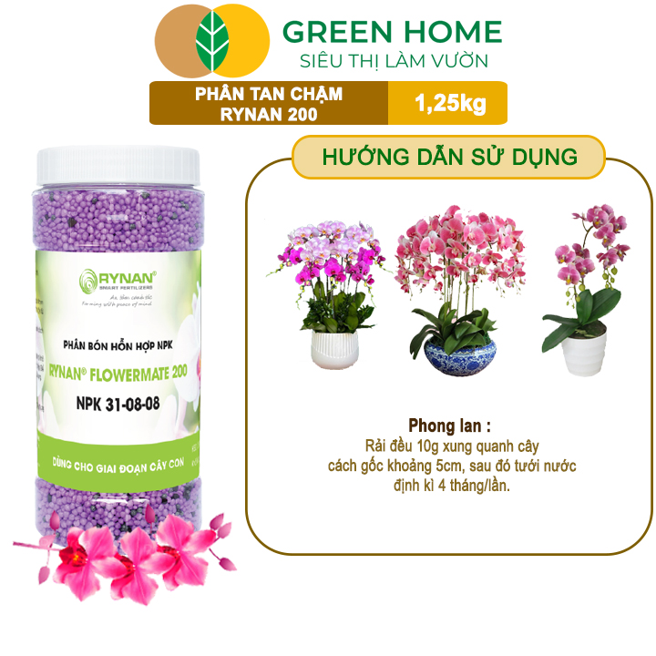 Phân Tan Chậm GreenHome, Rynan 200, Hũ 1,25kg, Dành Cho Phong Lan Con, Bonsai Kích Chồi, Dưỡng Chất