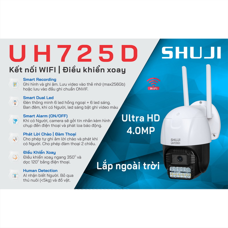 Hình ảnh Camera Wifi không dây SHUJI UH725D - Ban đêm có màu - Báo động hụ còi bật đèn khi có trộm đột nhập - 4.0MP cho hình ảnh đẹp gấp đôi Full HD1080 - Hàng chính hãng