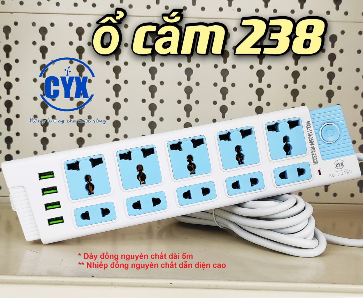 Ổ CẮM CYX 238 DÂY ĐỒNG NGUYÊN CHẤT 4 CỔNG USB -NTH