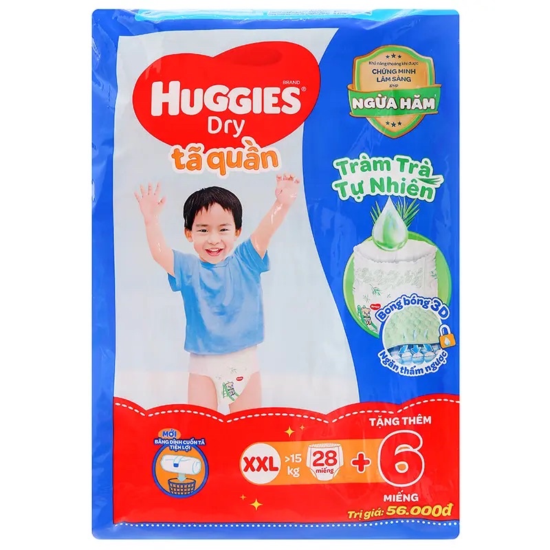 Tã Quần Huggies Dry Tràm Trà Tự Nhiên Gói Trung size XL32/XXL28 + Tặng 6 miếng - Quần size XXL (&gt;15 Kg)