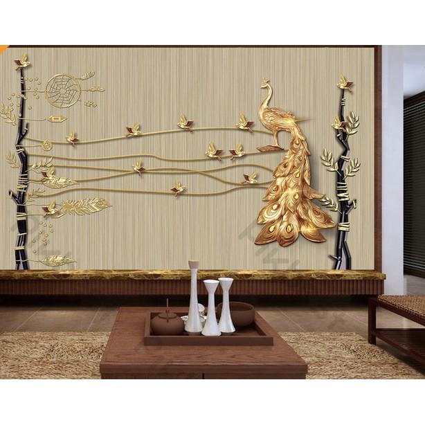 Tranh dán tường Phong cảnh chim công vàng sang trọng, Tranh 3d dán tường hiện đại MS792524