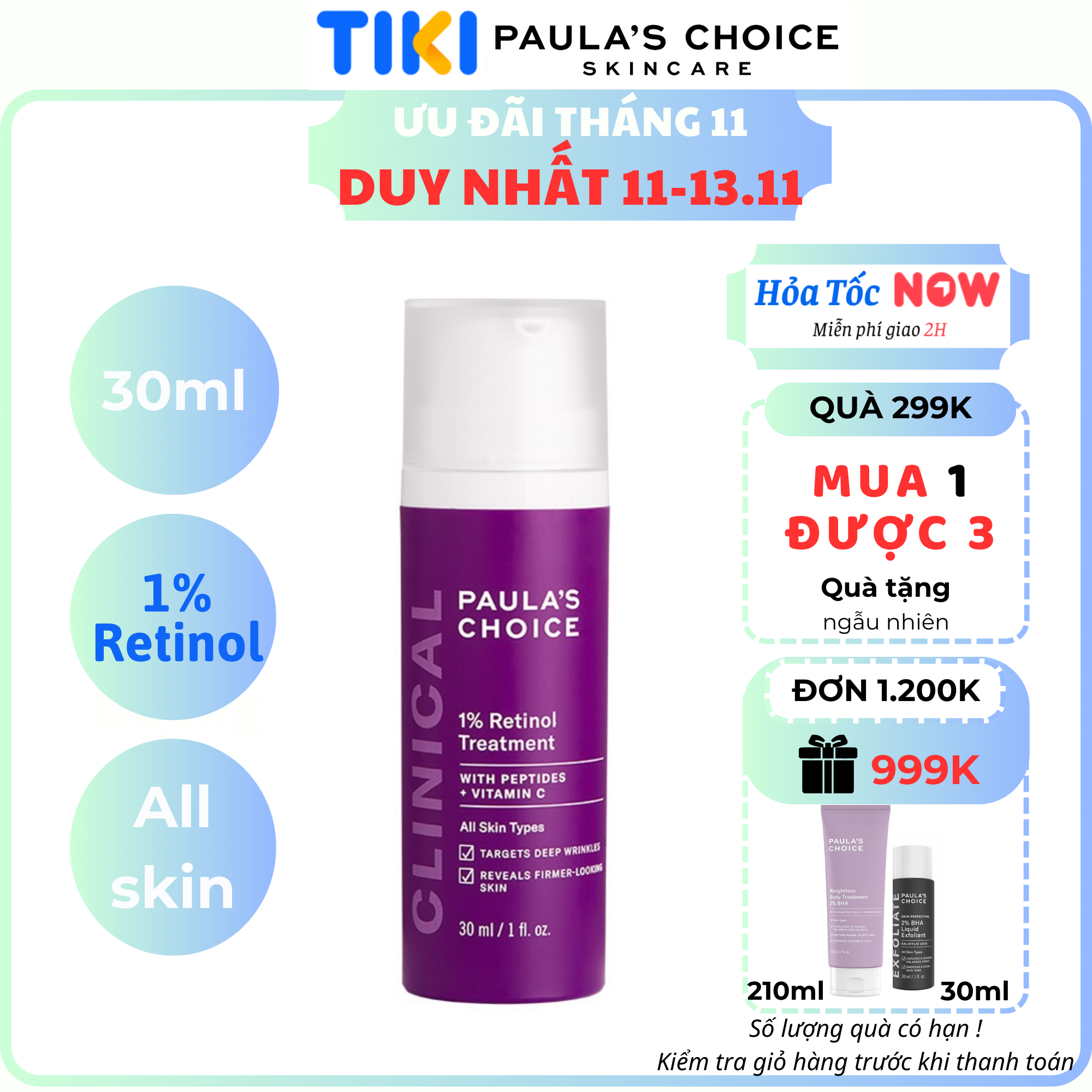 Tinh chất chống nám và nếp nhăn độc đáo Paula's Choice Clinical 1% Retinol Treatment 30ml