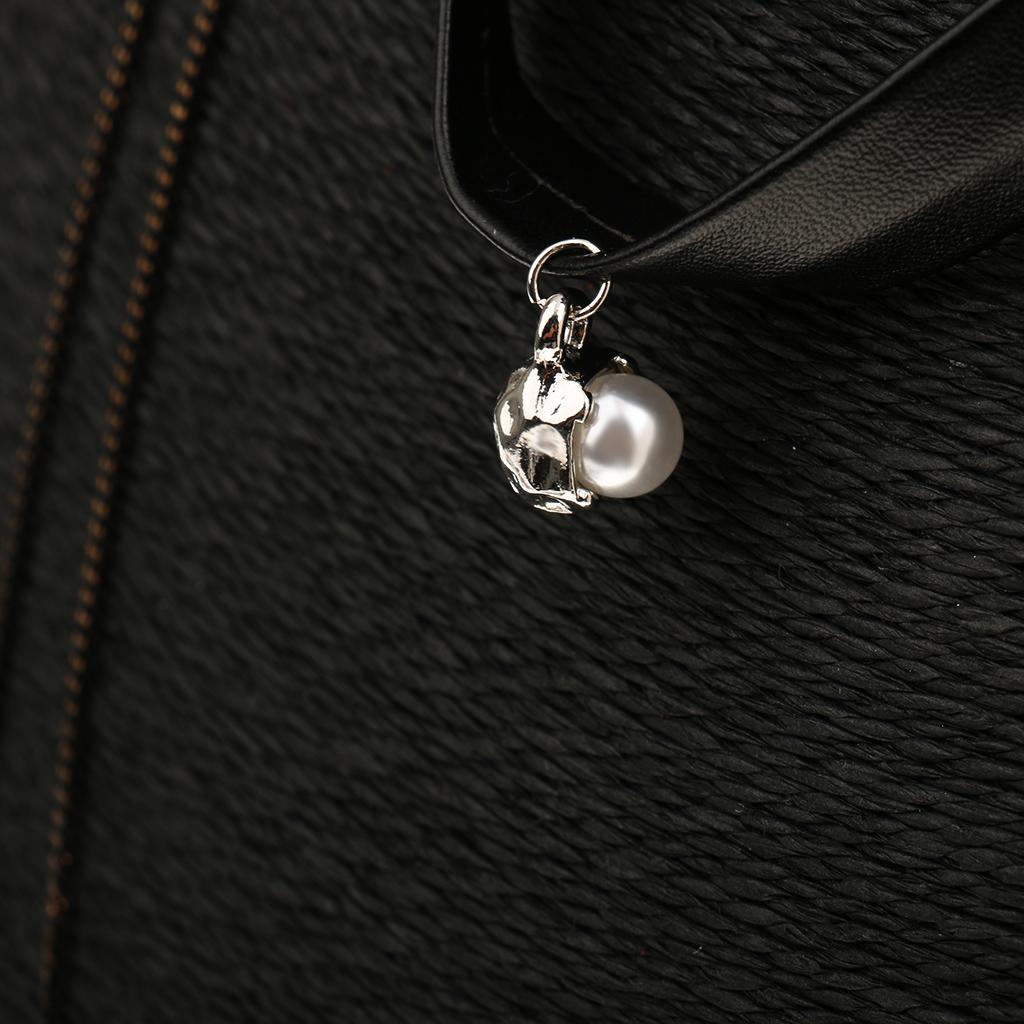Simple Multilayer Chain Pearl Pendant PU Leather Choker Short Necklace Black