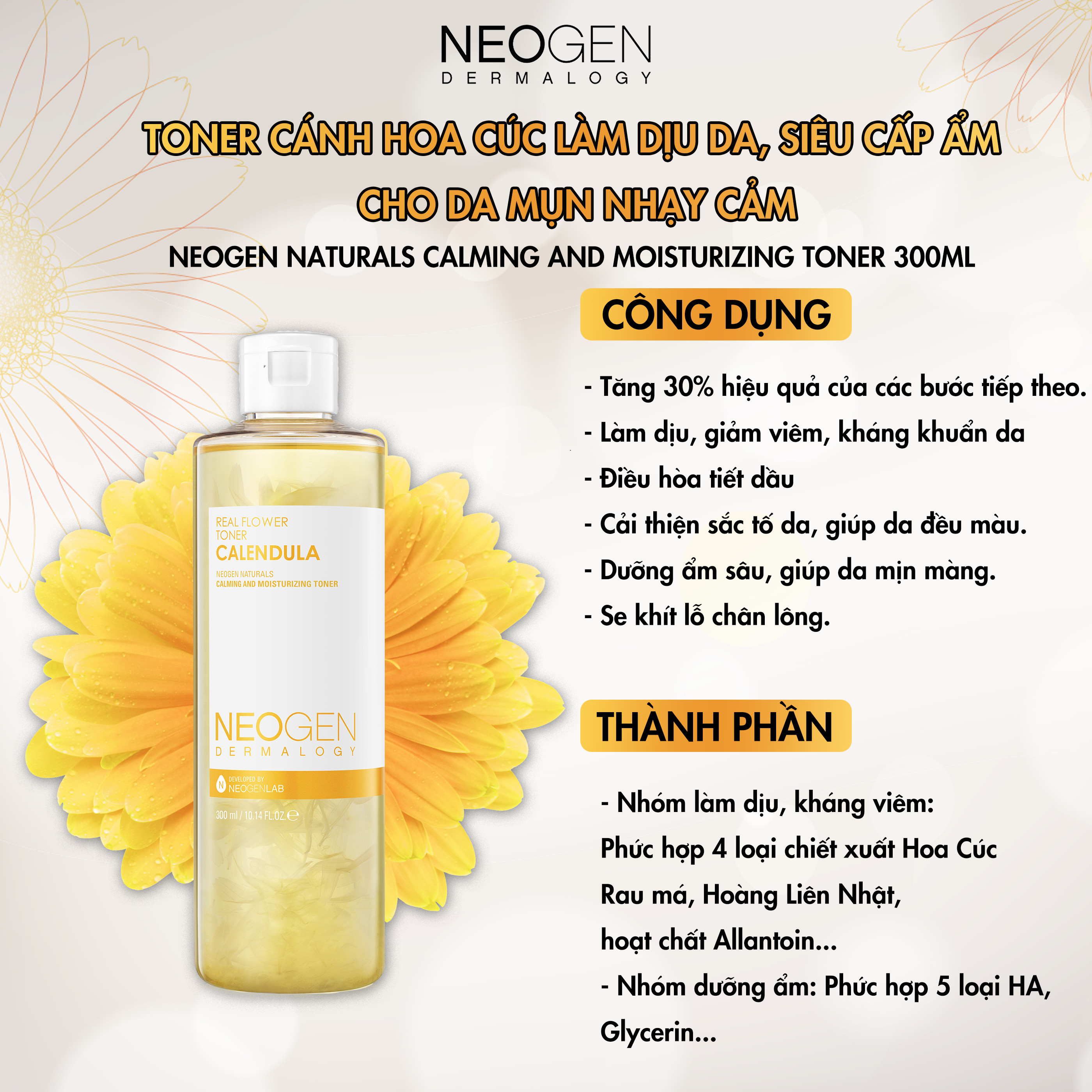 Toner Hoa Cúc Làm Dịu Da, Siêu Cấp Ẩm Cho Da Mụn Neogen Dermalogy Real Flower Toner CALENDULA 300ml