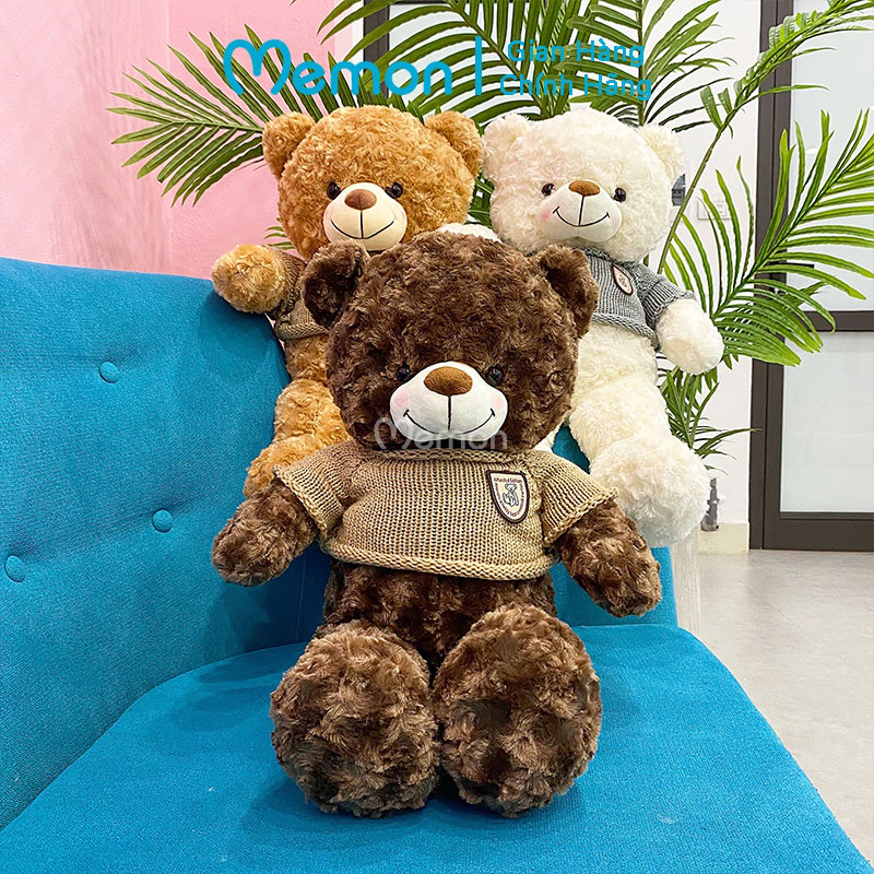 Gấu Bông Teddy Lông Xoắn Má Hồng 65cm Cao Cấp Memon, Gấu Nhồi Bông Qùa Tặng Dễ Thương