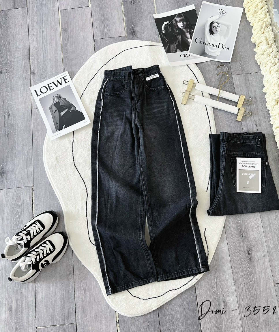 Quần jean nữ dáng suông quần baggy jean ống suông cạp cao chất bò dầy phối sọc thời trang