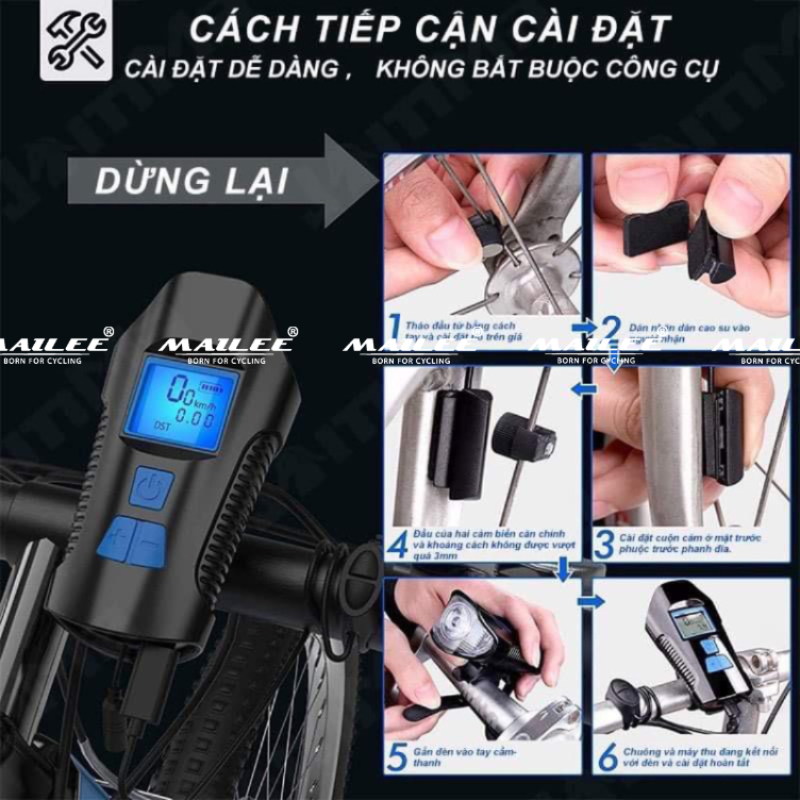 Đèn xe đạp có tích hợp đồng hồ đo tốc độ cảm biến và còi 120db bóng led t6 chiếu sáng an toàn ban đêm đa năng