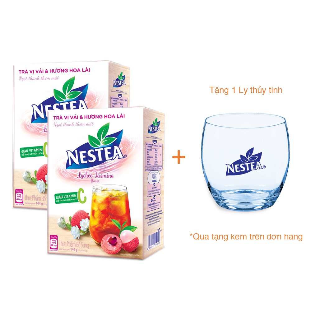 Combo 2 hộp trà Nestea vị vải &amp; hương hoa lài (12 gói x 12g) - [Tặng 1 ly thủy tinh]