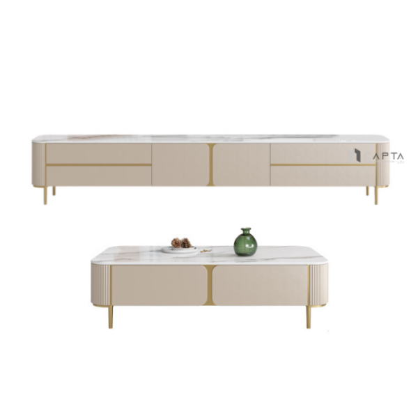 Bộ bàn trà kệ tủ tivi trắng vân SL 1002-13/20E Nội thất Capta Bộ kệ tivi mặt đá Ceramic,khung bàn gỗ công nghiệp chân bàn inox mạ màu vàng