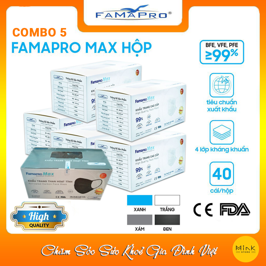 [HỘP - FAMAPRO MAX] - Khẩu trang y tế kháng khuẩn 4 lớp Famapro Max (40 cái/ hộp) - COMBO 5 HỘP