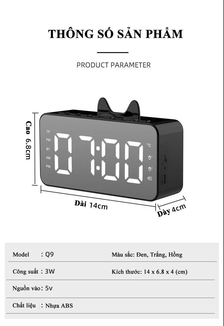 Đồng Hồ Loa Q9 Bluetooth Đa năng Mặt Gương Phát nhạc - Đài FM - Báo Thức