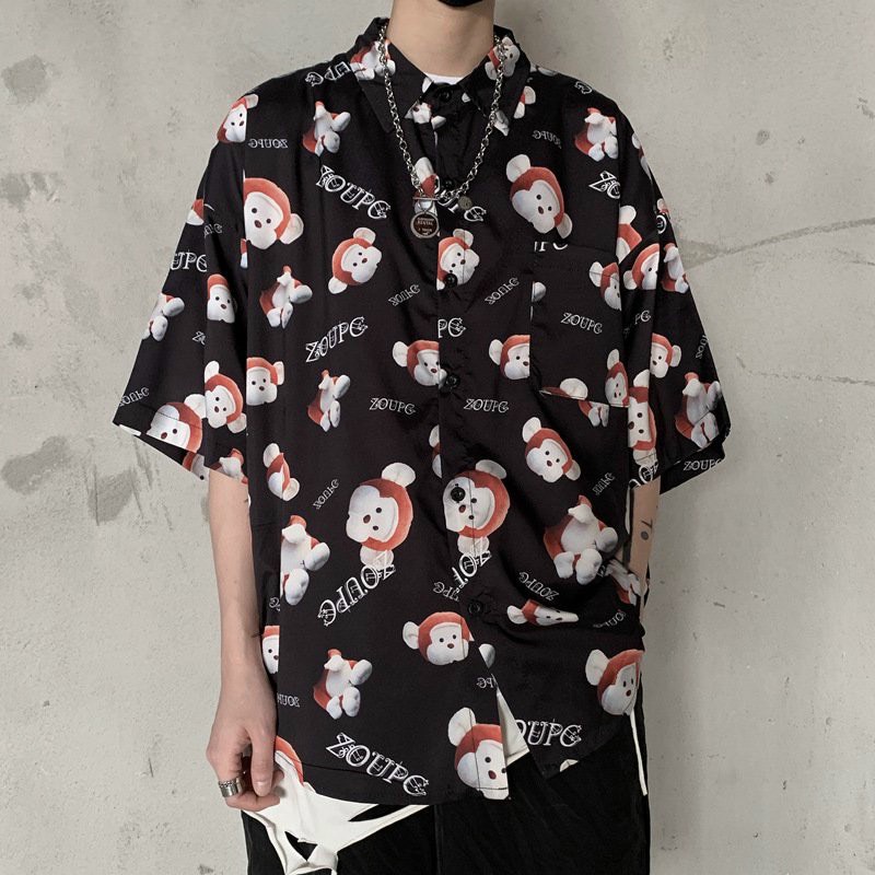 Áo sơ mi nam ngắn tay form rộng họa tiết in hình hoạt hình siêu cute chất vải voan lụa mềm mịn thoáng mát chất đẹp