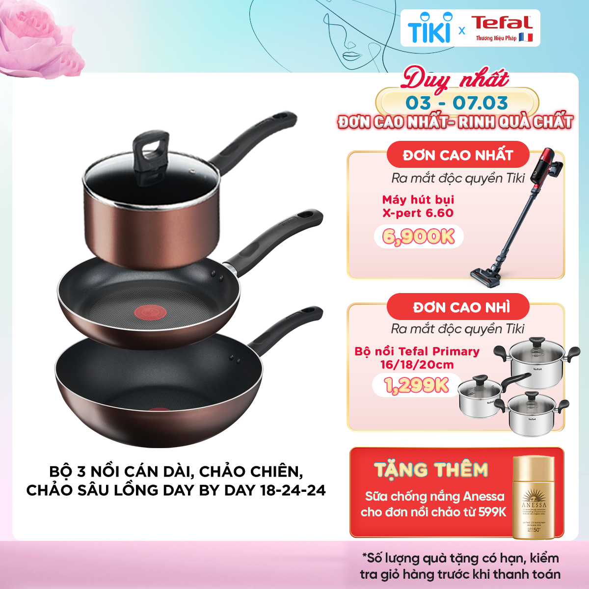 Bộ 3 nồi chảo chống dính đáy từ Tefal Day By Day dùng cho mọi loại bếp (nồi 18cm, chảo 24cm) - Hàng chính hãng