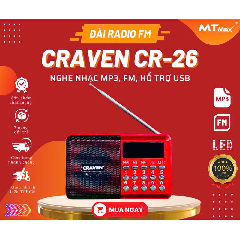 Đài Radion FM Craven CR26 Nghe Nhạc MP3, Nghe Đài, Tích Hợp Đèn Led ,HÀNG CHÍNH HÃNG