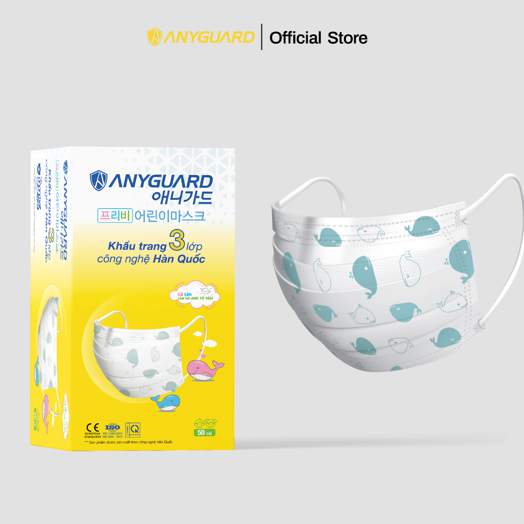 Khẩu Trang Trẻ Em Anyguard Hàn Quốc 3 Lớp Chính Hãng (Cỡ Lớn Cho Bé Dưới 13Tuổi - Hộp 50 Chiếc)-베이비 마스크 - Face Mask For Kids Under 13 yearsold-ISO 9001:2015, ISO 13485:2016, QCVN 01:2017/BTC