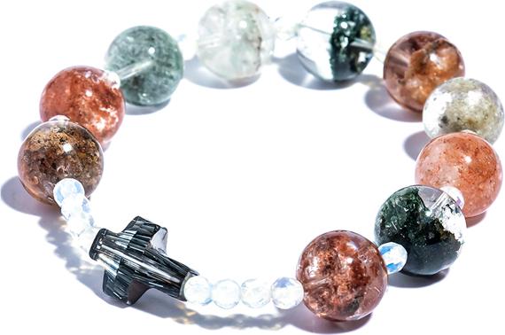 Vòng chuỗi mân côi thạch anh ưu linh đa sắc mix thánh giá pha lê - Vietgemstones