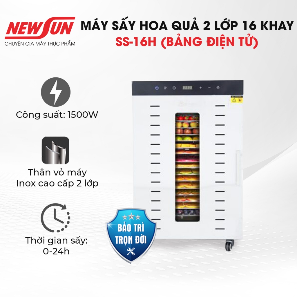 Máy sấy hoa quả 2 lớp 16 khay SS-16H NEWSUN - Hàng chính hãng