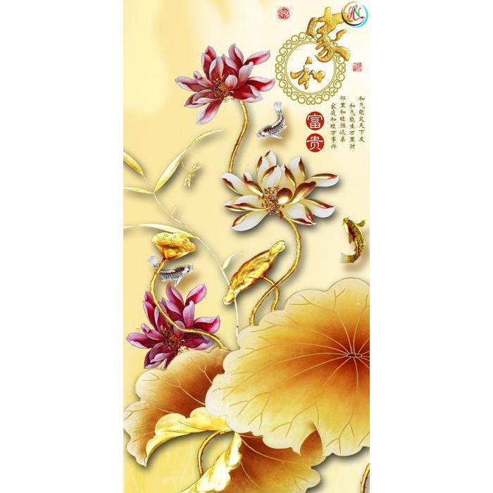 Tranh dán tường HOA 3D - vải lụa phủ kim sa