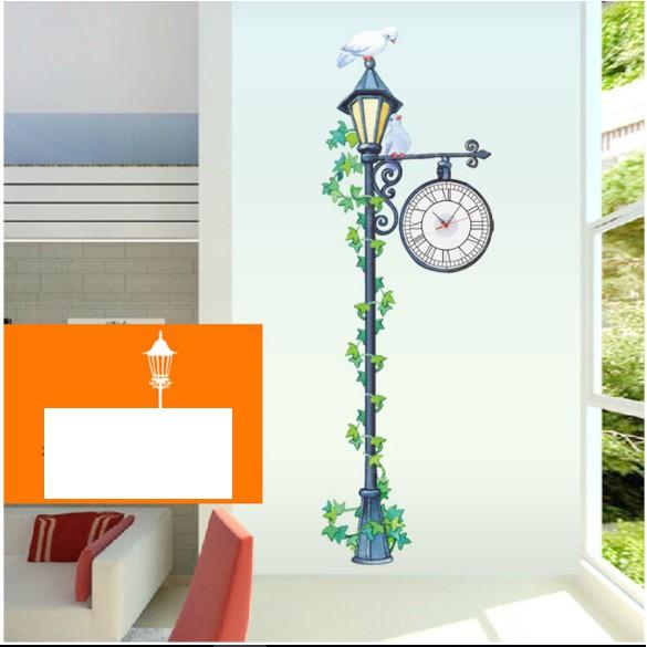 Decal Trang Trí Tường Kèm Đồng Hồ Dán Tường- Cây Đèn Cổ Điển