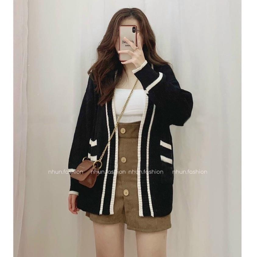 [L2M] Áo khoác len nữ THU ĐÔNG Cardigan có túi DÁNG DÀI form rộng phối viền 2 MÀU cực xịn xò