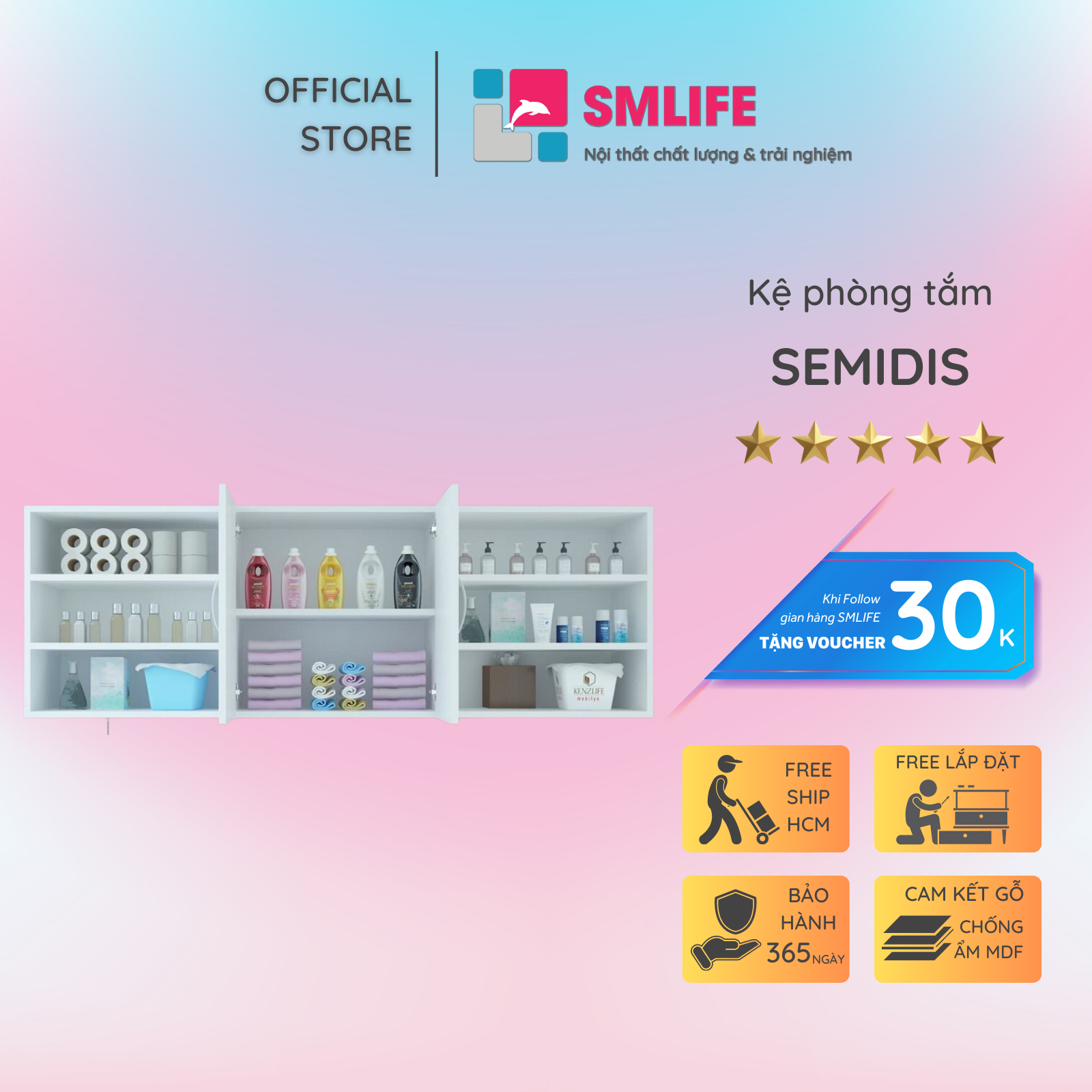 Tủ phòng tắm gỗ hiện đại SMLIFE Semidis | Gỗ MDF dày 17mm chống ẩm | D150xR22xC60cm