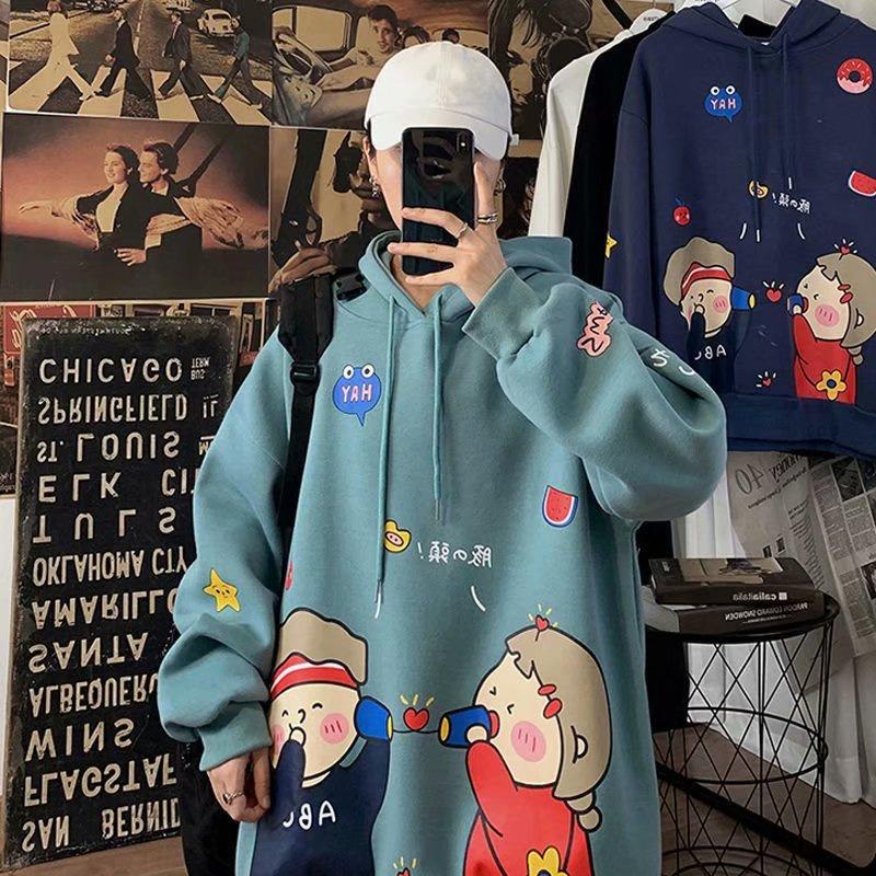 Áo hoodie tay dài dáng rộng in hình hoạt hình gồm 4 màu sắc