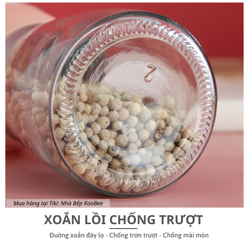 Cối xay tiêu thủy tinh cầm tay cao cấp KooBee - Lọ xay hạt tiêu đen, tiêu sọ, muối hồng, ớt khô đa năng tiện dụng