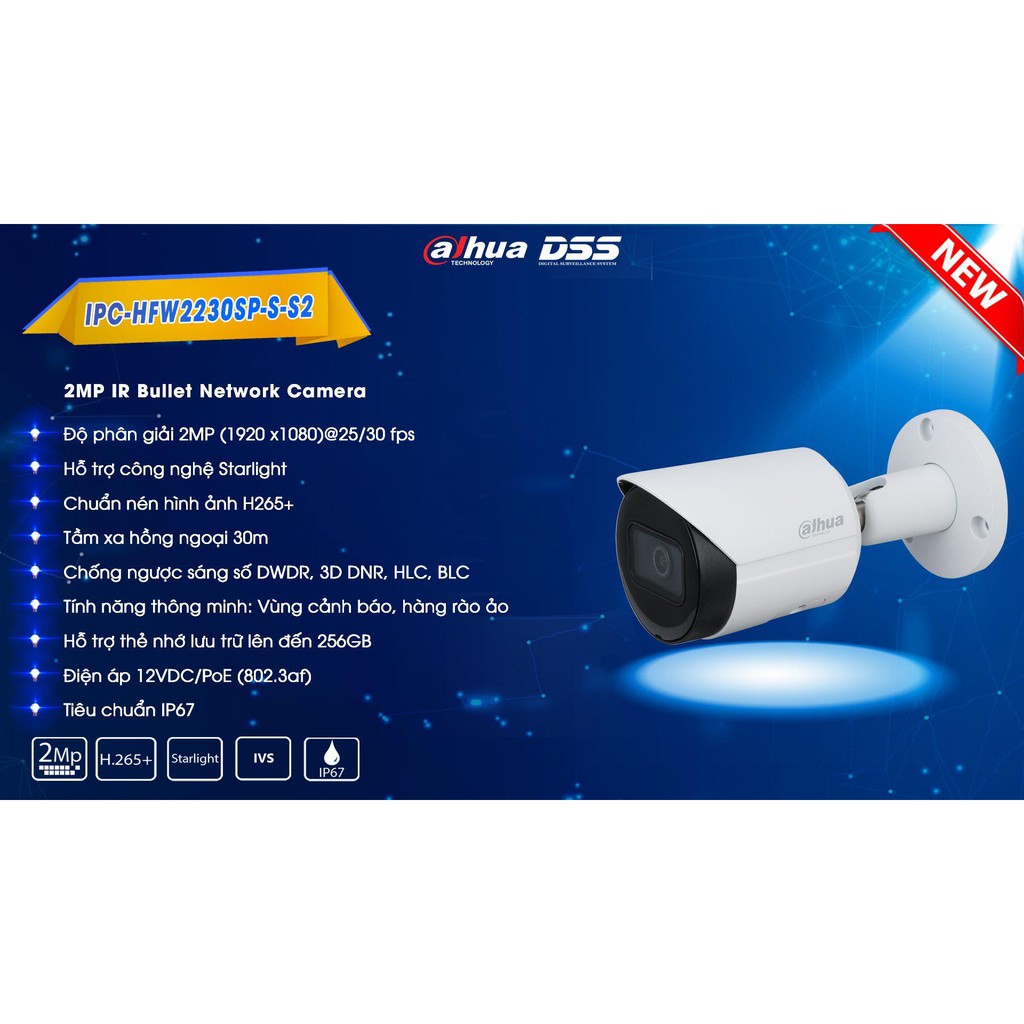 Camera IP Starlight 2.0MP DAHUA DH-IPC-HFW2230SP-S-S2 - Hàng Chính Hãng