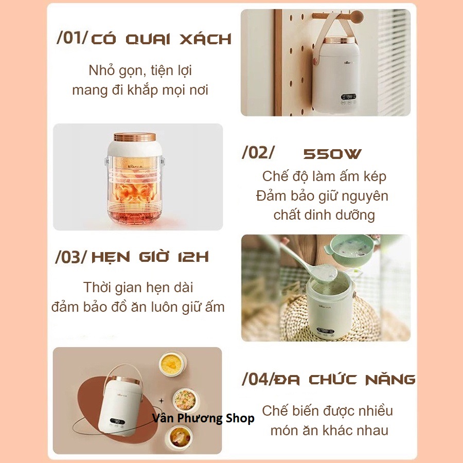 Nồi điện đa năng mini Bear P08D1, 0.8 lít, hầm cháo, nấu canh, nầu cơm...giữ ấm thức ăn, tiện lợi, kiểu dáng thời trang - Hàng Chính Hãng