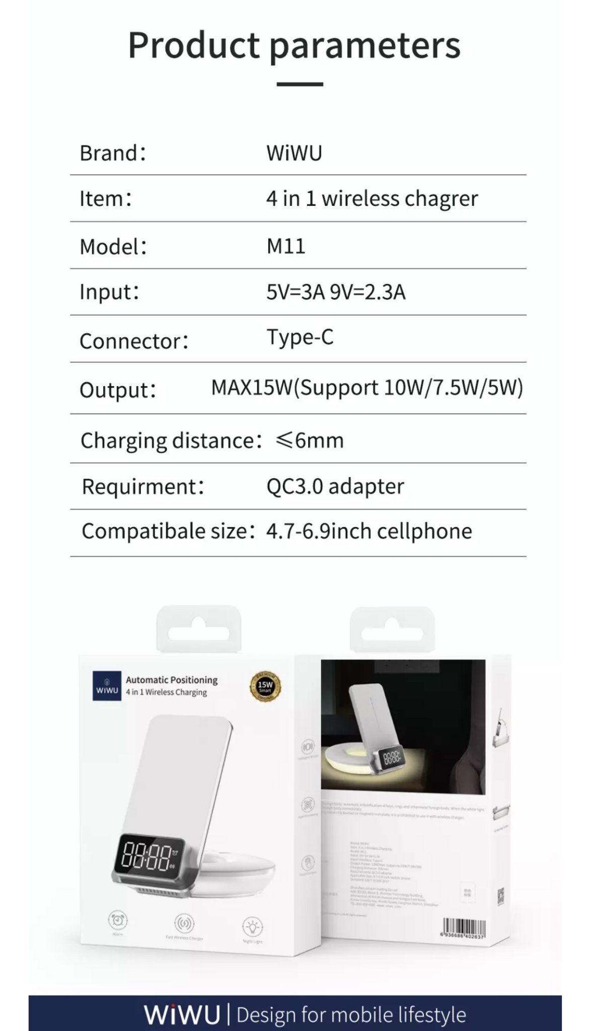 Sạc Wiwu Automatic Positioning 4in1 M11 Dành Cho Điện Thoại Hỗ Trợ Sạc Nhanh Không Dây,  Có Đồng Hồ Báo Thức - Hàng Chính Hãng