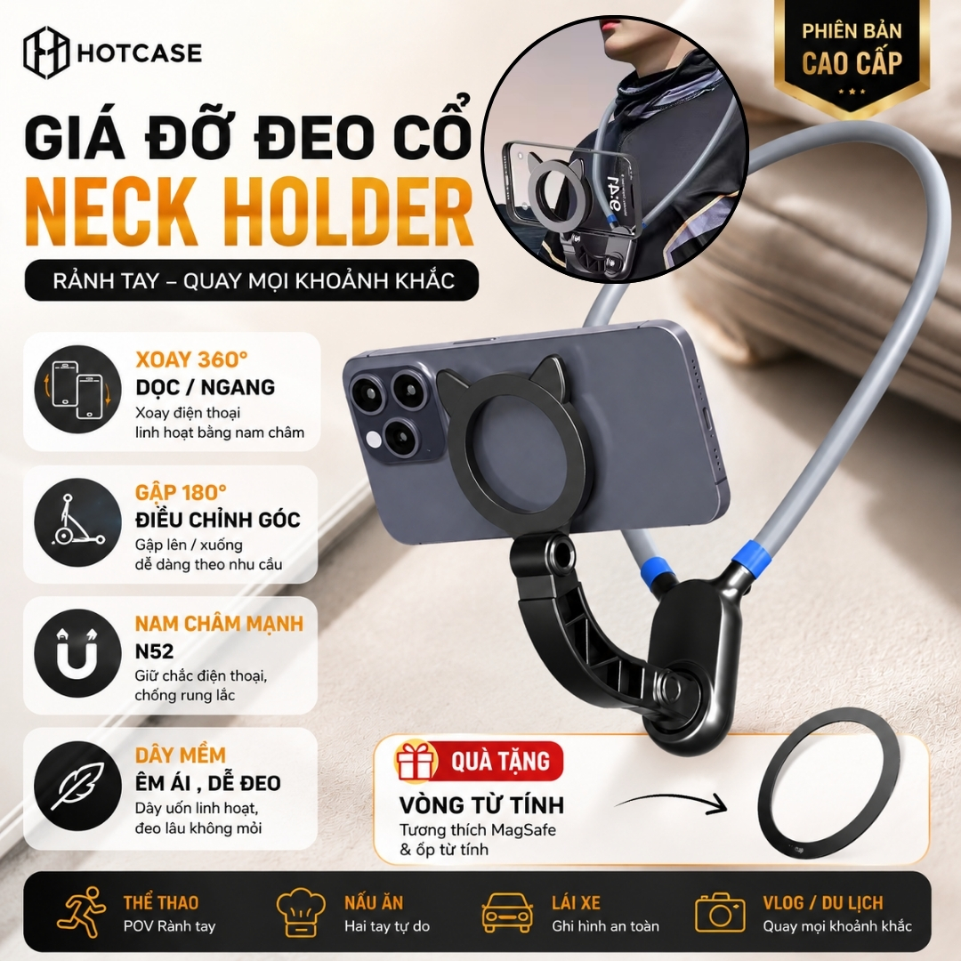 Giá Đỡ Đeo Cổ hộ trợ quay video POV, Vlog hiệu HOTCASE Neck Holder Magnetic N52, Dây Mềm Êm Ái, Gập 180° Chỉnh Góc  Rảnh Tay cho iphone Samsung - Hàng nhập khẩu
