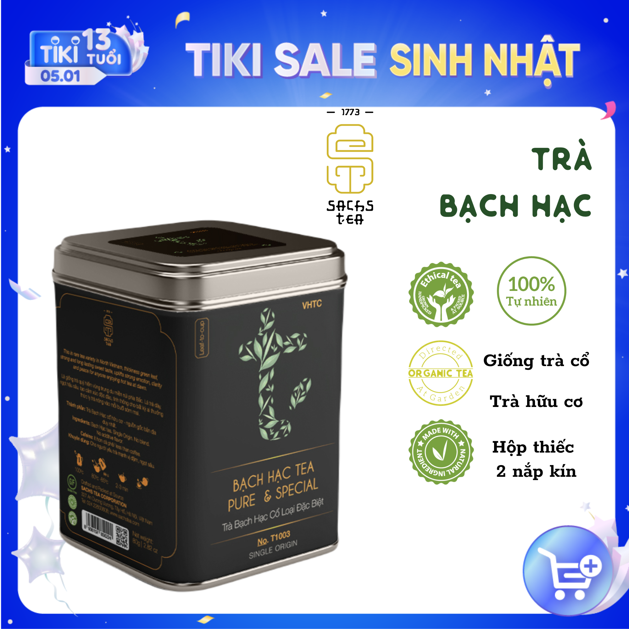 Trà xanh Bạch Hạc Cổ T1003 SACHS TEA 1773 vị nguyên bản, hữu cơ tự nhiên, chè thái nguyên, hộp thiếc cao cấp 80g/hộp