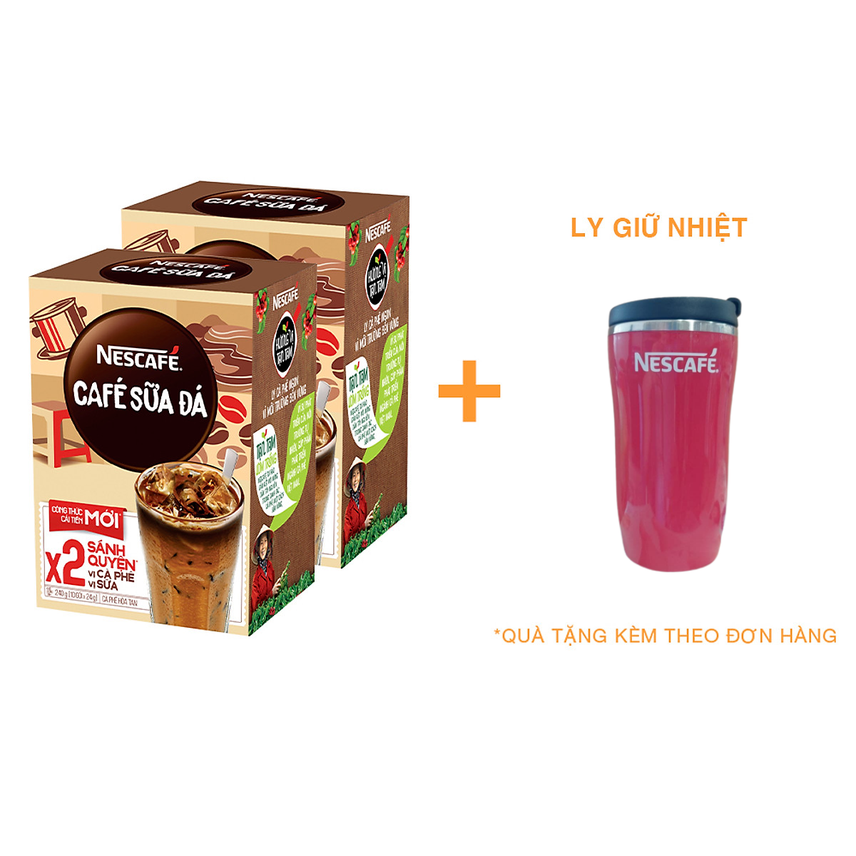 Combo 2 hộp cà phê hòa tan Nescafé 3in1 cà phê sữa đá (Hộp 10 gói x 24g) [Tặng 1 ly giữ nhiệt]