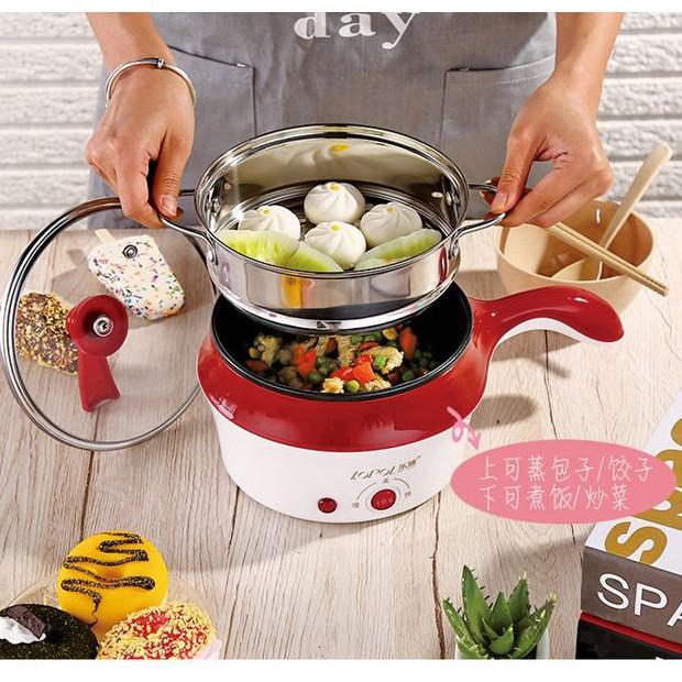 Nồi Lẩu Điện Mini, Nấu Mì 2 Tầng Kèm Giá Hấp Đa Năng Nướng, Luộc, Chiên Chống Dính Vấn Đá Tiện Lợi, Ca nấu mì mẫu mới