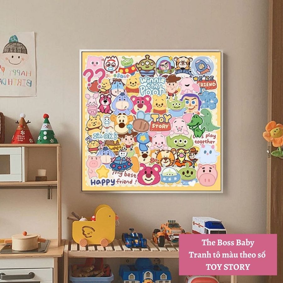 Tranh Tô Màu Theo Số Gấu Dâu Lotso Và Toy Story Có Sẵn Khung 30x30cm Và Dụng Cụ