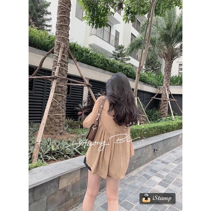 Sét áo babydoll thụng nâu xoè mix quần sooc đen trơn