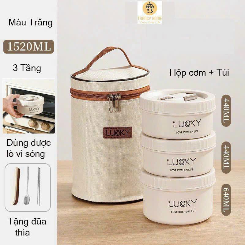 Hộp cơm giữ nhiệt Lucky, Hộp cơm trưa văn phòng cách nhiệt 3 tầng bằng thép không gỉ 304