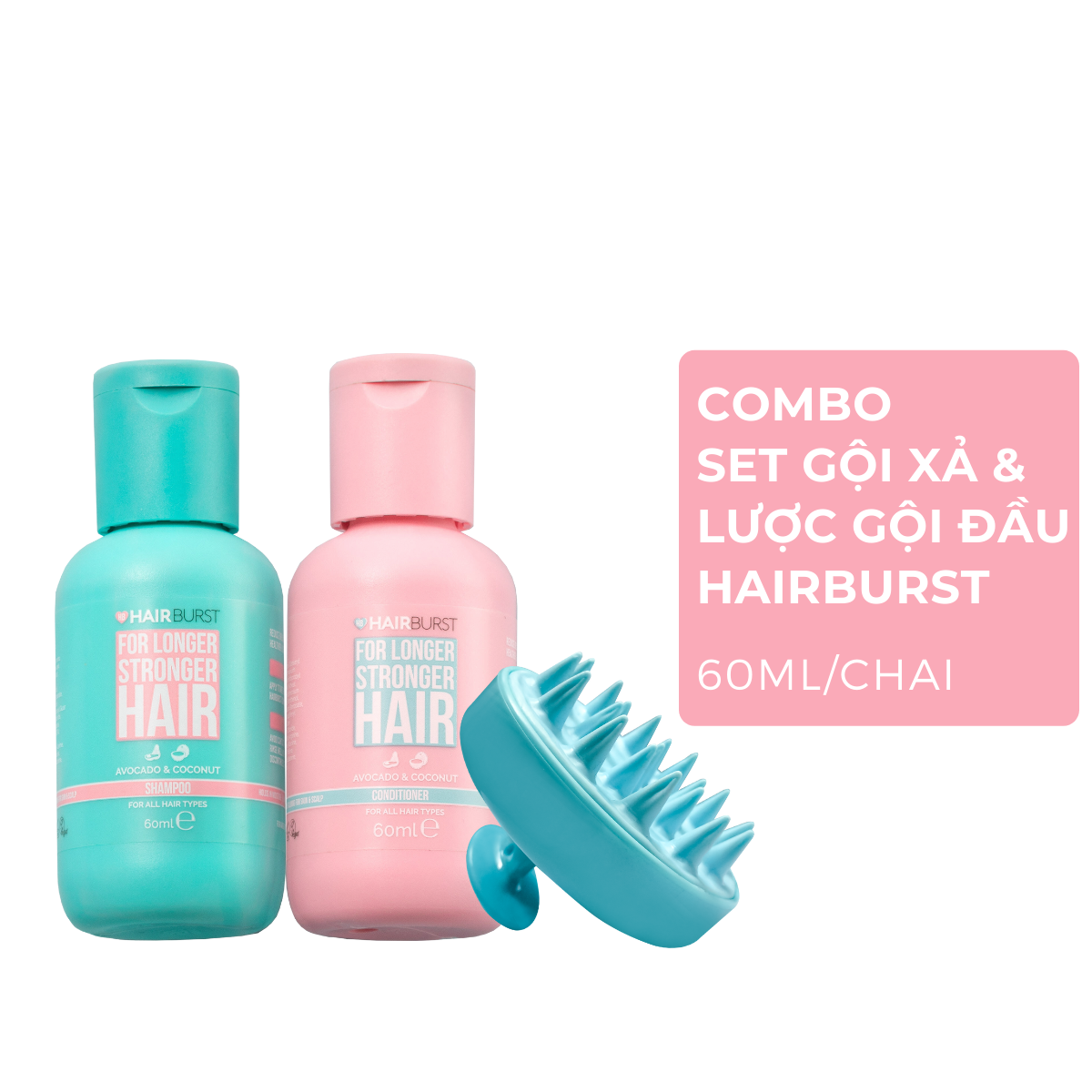 Combo chăm sóc da đầu set gội xả travel 60ml/chai + lược gội đầu Hairburst