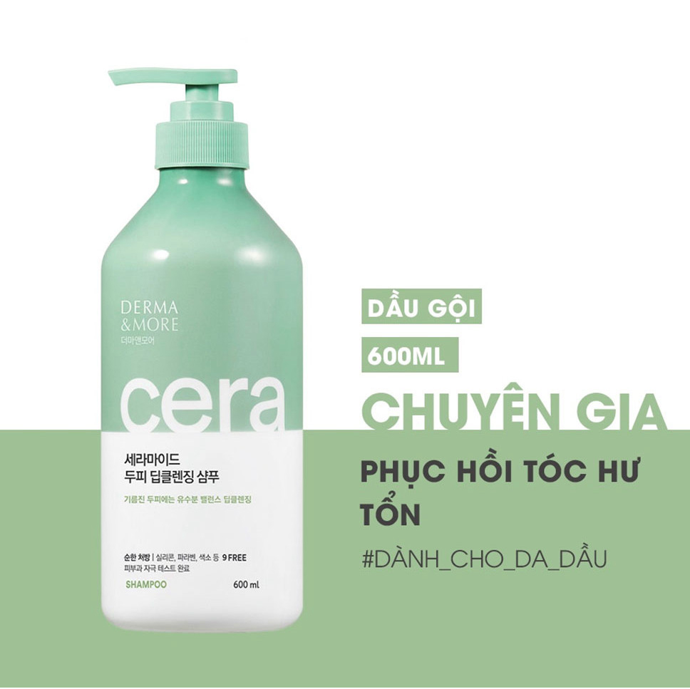 Dầu gội và dầu xả phục hồi tóc hư tổn giảm bết Derma & More CERAMIDE giảm gãy rụng, dưỡng tóc bóng khỏe 600ml