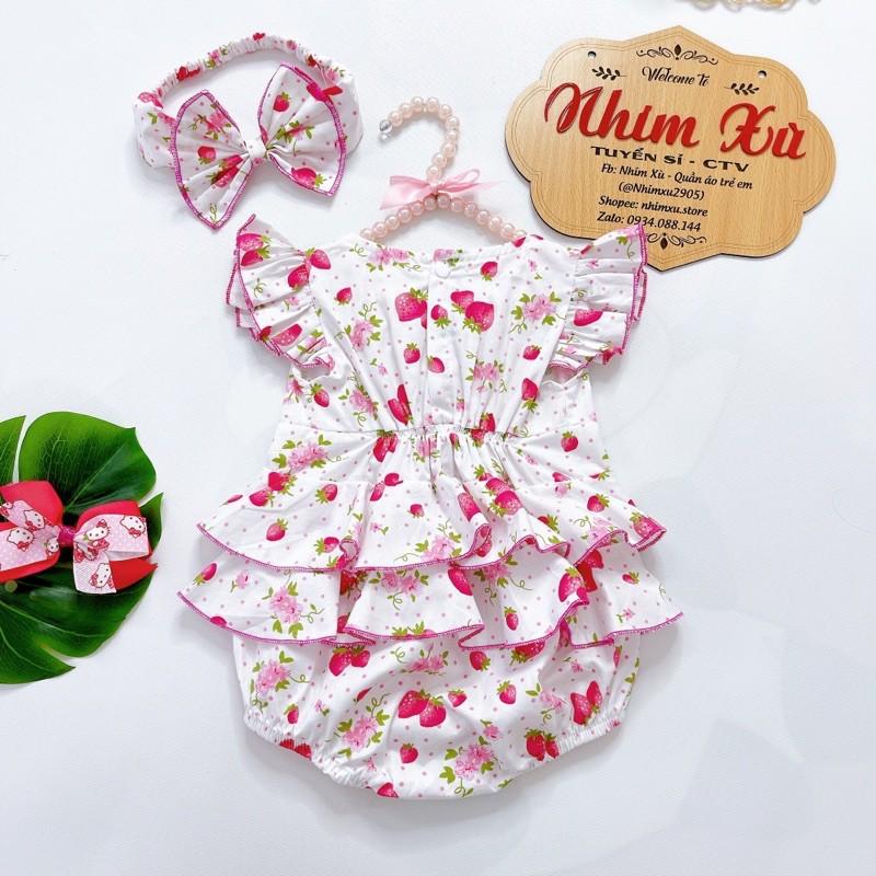 Body dâu tây bánh bèo cho bé gái sơ sinh đến 12kg, bodysuit bé gái chất thô Hàn [A440