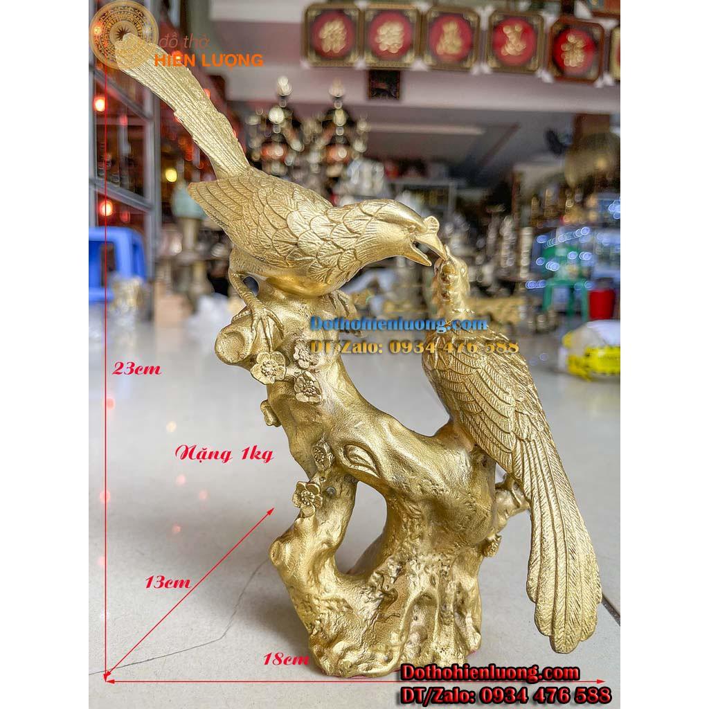 Tượng Đôi Chim Uyên Ương Màu Vàng Đậu Cành Cây Bằng Đồng - Song Hỷ Lâm Môn