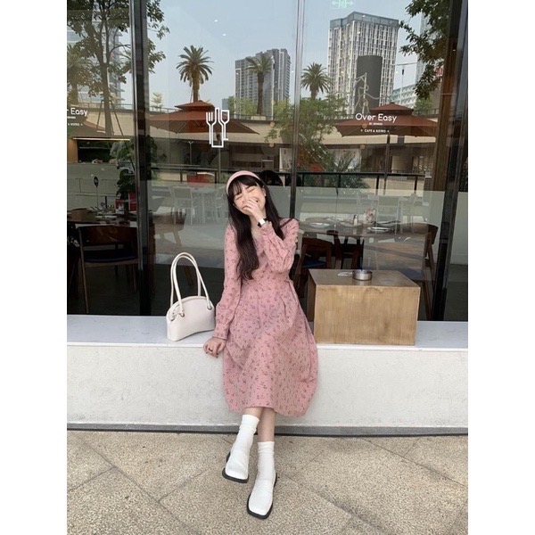Đầm nhung hoa nhí cổ vuông vintage hàn quốc - váy babydoll nhung tiểu thư