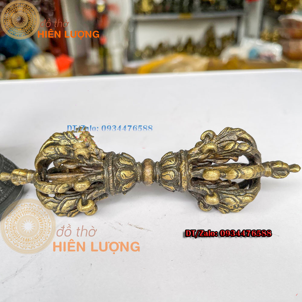 Bộ Chuông Chày Kim Cang Nepal Màu Nâu Bằng Đồng Nguyên Chất Cao 16cm Và 20cm Đẹp - Vật Phẩm Phong Thủy