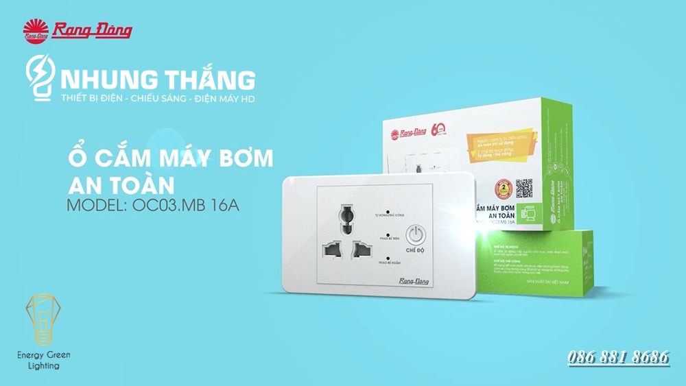 Ổ Cắm Máy Bơm An Toàn Rạng Đông OC03.MB 16A - Ổ Cắm Chống Giật Cấp N guồn 5V Cho Phao Điện - Công Suất 1500W