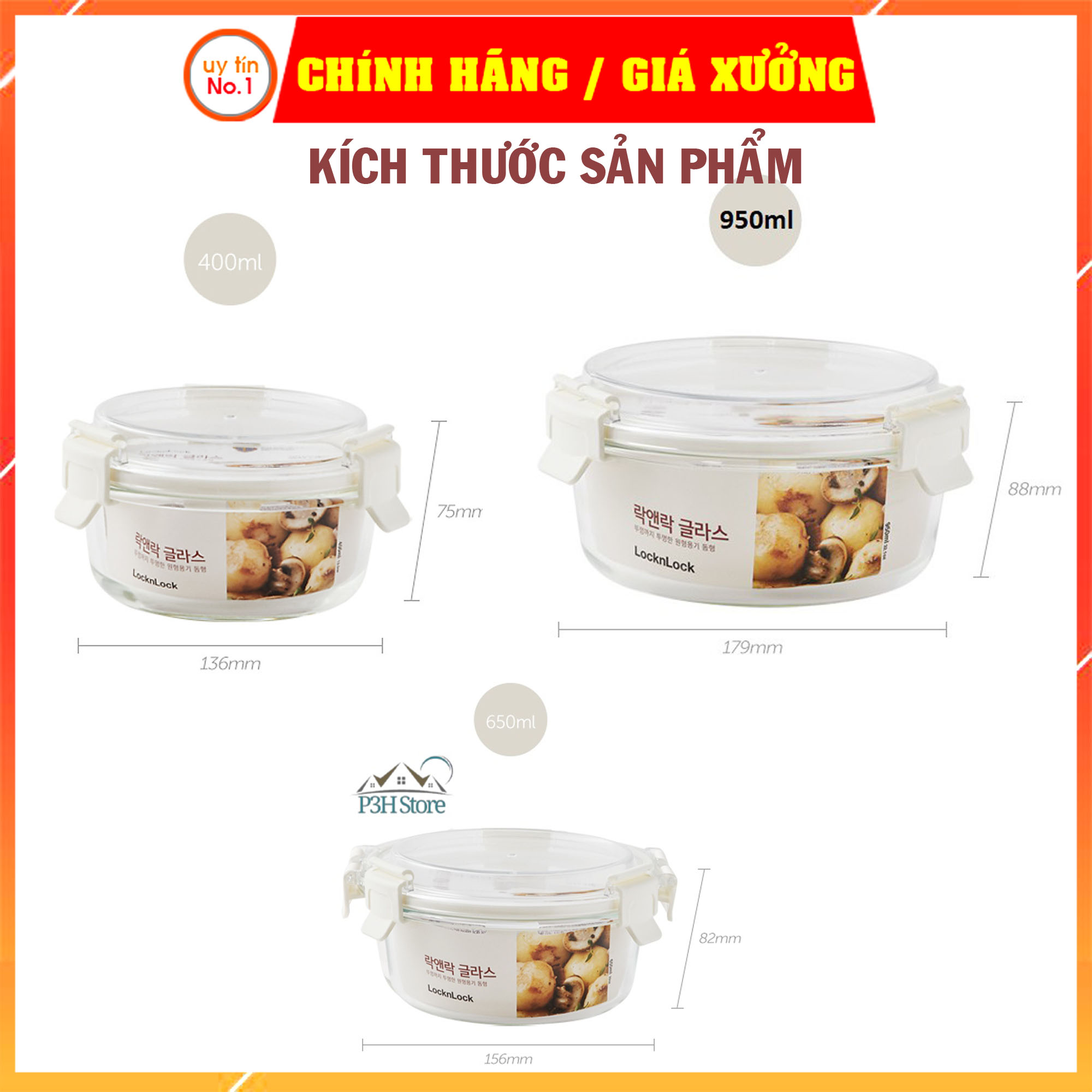 Hộp đựng thực phẩm Lock&amp;Lock chính hãng bằng thuỷ tinh LLG896 950ml LLG895 650ml LLG894 400ml