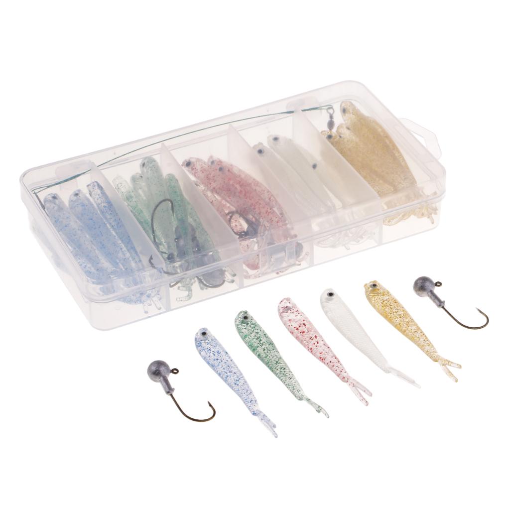 50pcs Soft Plastic Bass Fishing Lure Bait with Jig Head Worm Hooks Lure Box