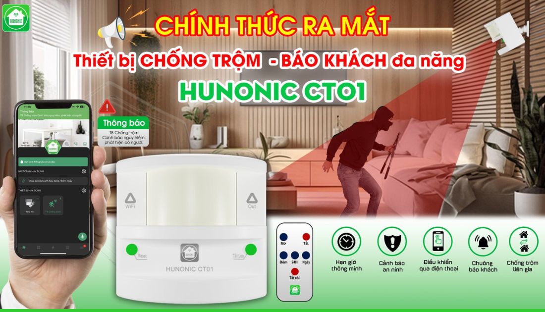 Thiết Bị Chống Trộm Và Báo Khách Đa Năng Hunonic CT01 Bảo hành 12 tháng, Thiết bị thông minh báo về điện thoại