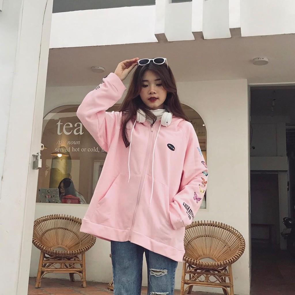 ÁO KHOÁC NỈ HỒNG ĐEN KIỂU DÁNG ÁO KHOÁC HOODIE FORM RỘNG PHỐI MŨ