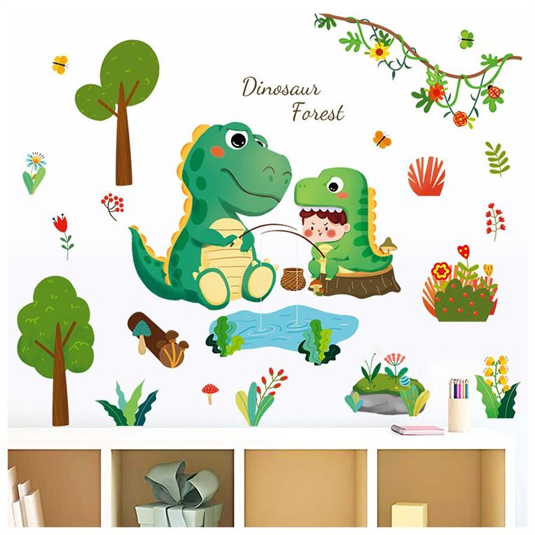 Decal dán tường trang trí - KHỦNG LONG CÂU CÁ ĐÁNG YÊU CHO BÉ
