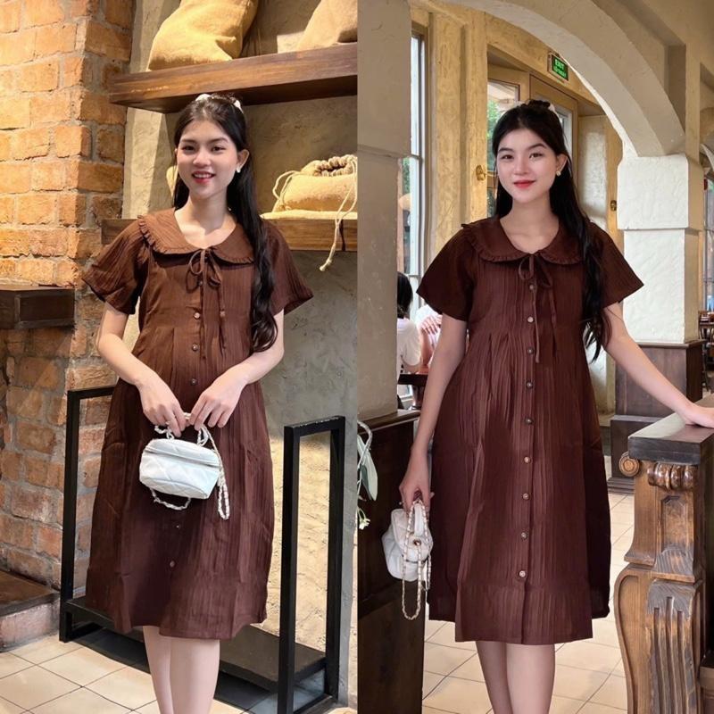 Đầm Bầu Đũi Gân Phom Suông Cổ Sen Bèo Phối Nút Váy Bầu Dễ Thương, Nhẹ Mát Size M L - Kem
